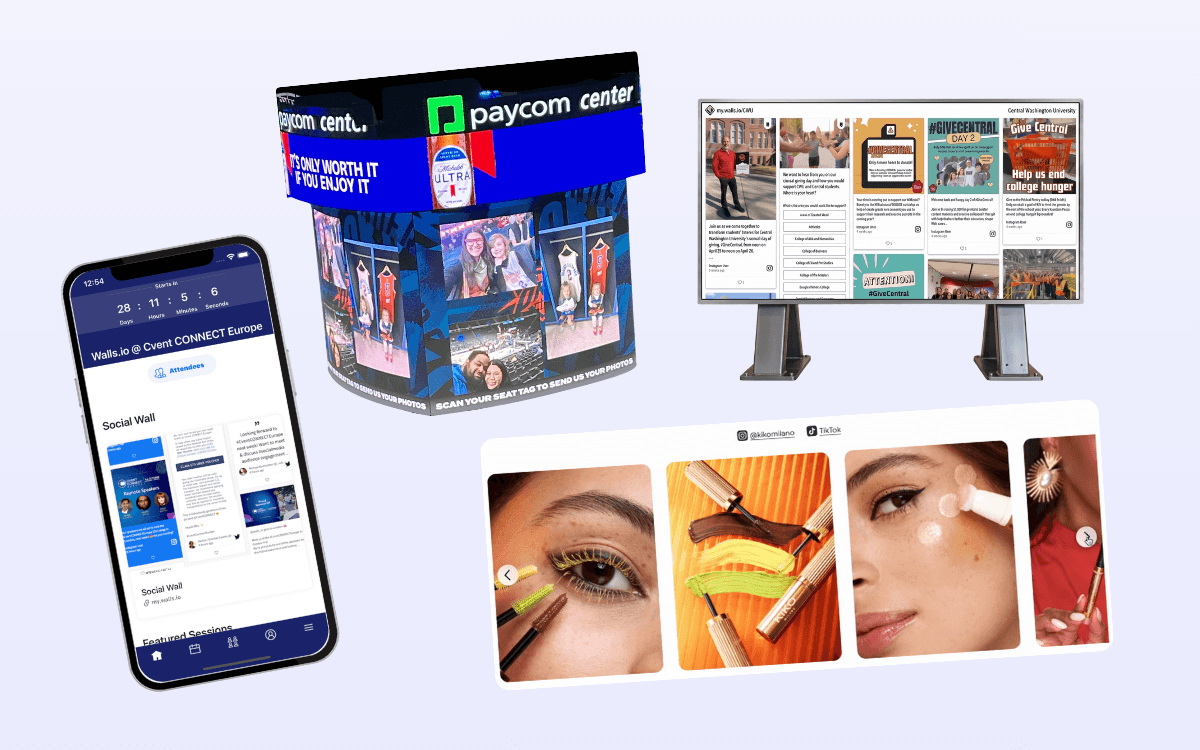 Examples of Walls.io integrations on an event app, website, jumbotron, and digital signage