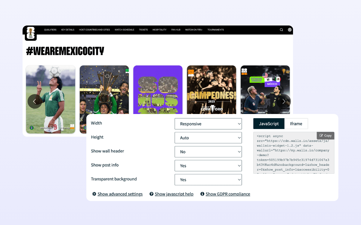 A screenshot of a social wall carousel layout and an auto-generated embed code 