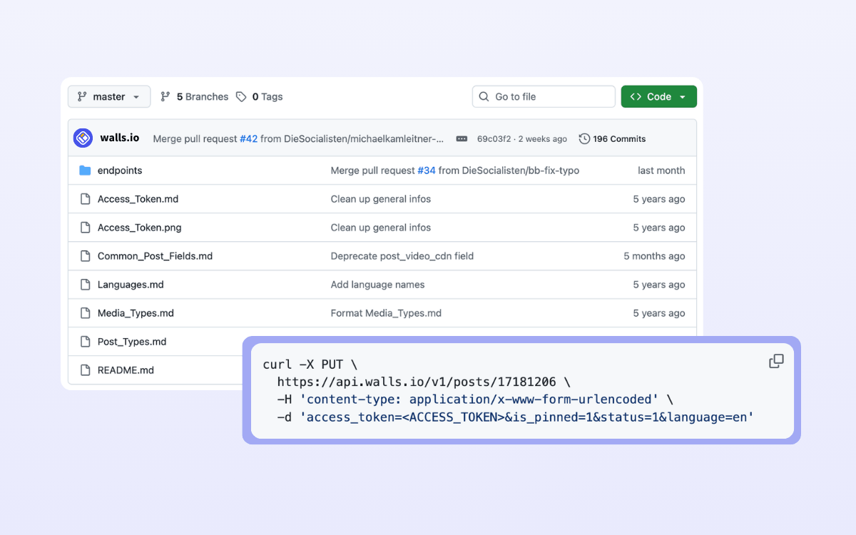 A screenshot of Walls.io's API repository