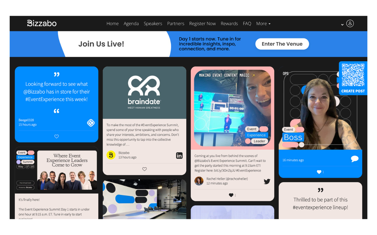 Screenshot of a social wall from Bizzabo using hashtags