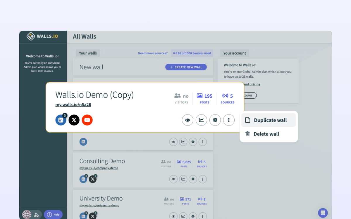 Screenshot of Walls.io feature that lets a user duplicate an existing social wall. It shows the copy and the Duplicate Wall button.