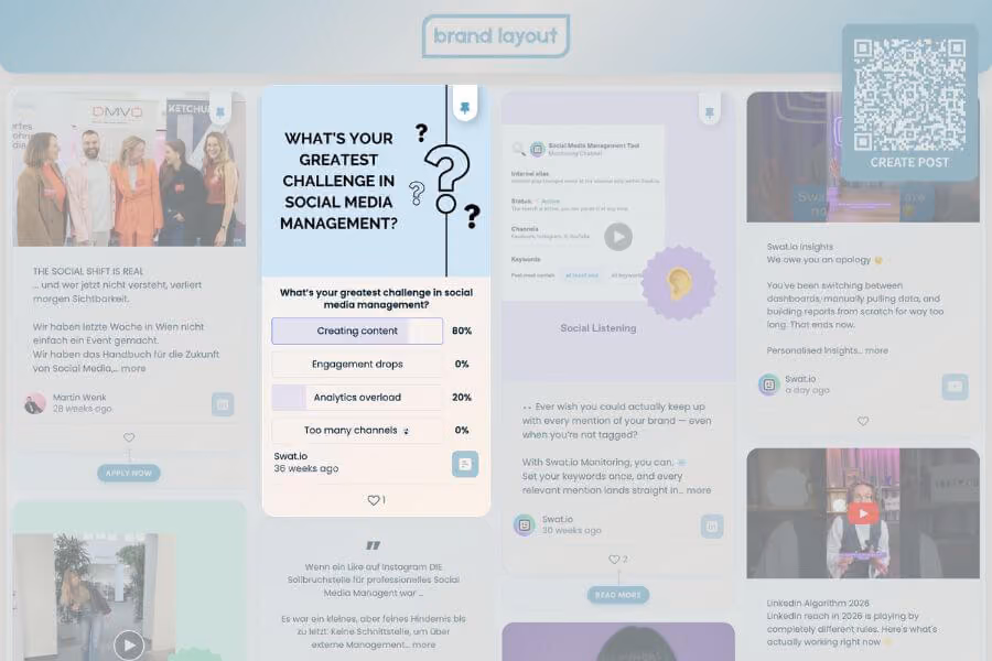 A branded social wall layout shows the poll after the "Creating content" option has been selected, highlighted in purple.
