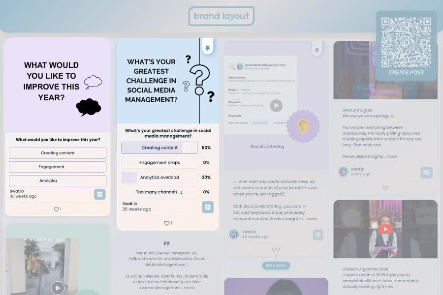 A branded social wall layout shows a different poll, "What would you like to improve this year?", next to the social media management poll.