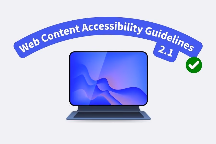 An illustration of a laptop with an abstract blue and purple screen, labeled "Web Content Accessibility Guidelines 2.1" with a green checkmark.
