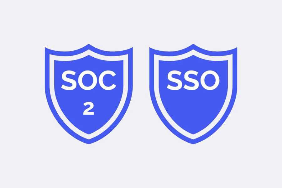 Two blue shield icons labeled "SOC 2" and "SSO."