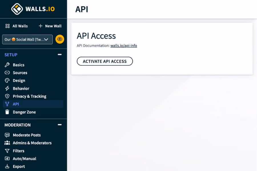 The Walls.io API settings page shows an "Activate API Access" button and a link to API documentation.