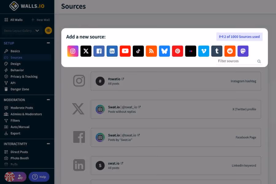 The Walls.io Sources panel shows an "Add a new source" popup with icons for platforms like Instagram, X, Facebook, and LinkedIn, above a list of connected sources.