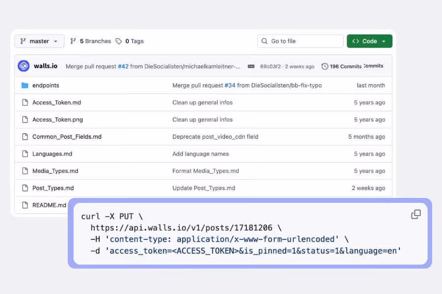 A GitHub repository page for walls.io API documentation, overlaid with a highlighted curl command example for updating a post via the API.