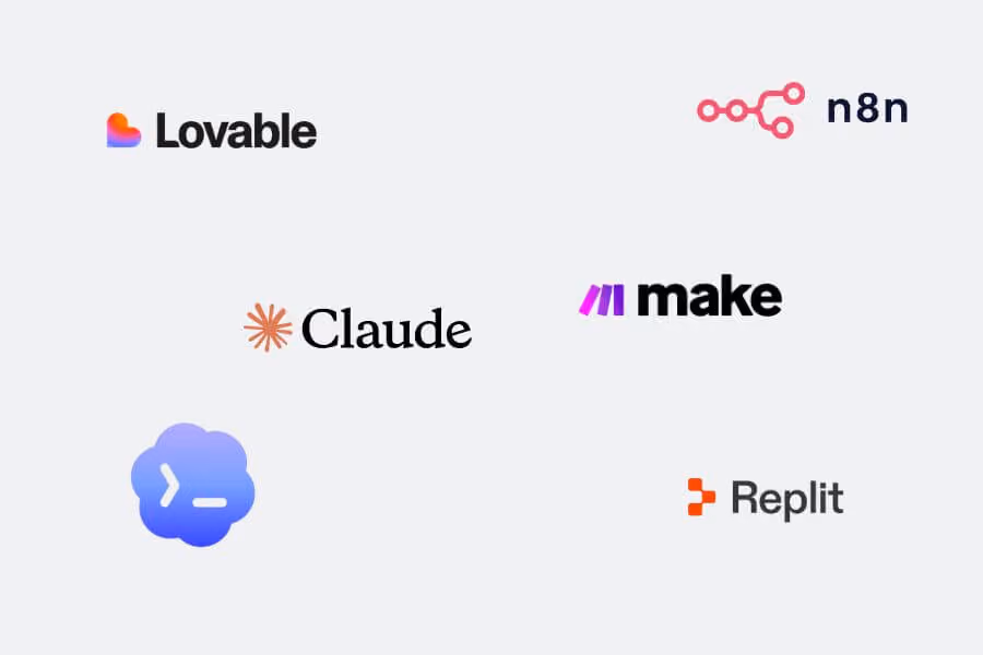 Six logos on a light background: Lovable, n8n, Claude, Make, a terminal-style icon, and Replit.