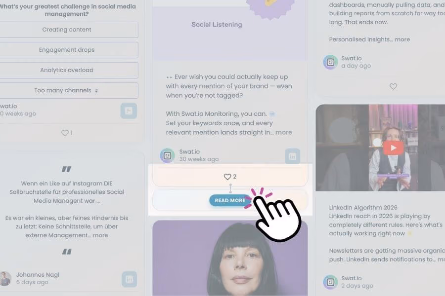 A social wall feed shows Swat.io posts about social listening and social media management, with a cursor hovering over a "Read More" button.
