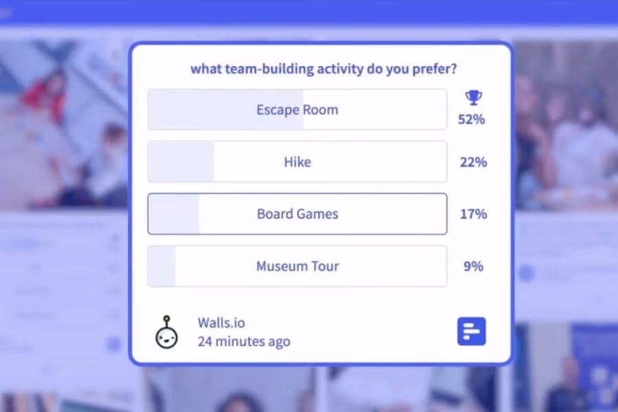 A poll widget on a social wall asks "What team-building activity do you prefer?" with Escape Room leading at 52%, followed by Hike, Board Games, and Museum Tour.