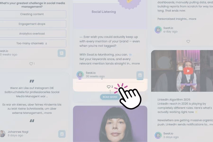 A social wall feed shows Swat.io posts about social listening and social media management, with a cursor hovering over a like reaction icon.