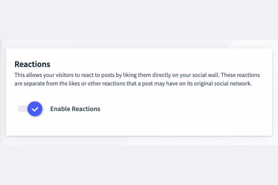 A settings panel shows a toggle labeled "Enable Reactions" under the "Reactions" section, allowing visitors to like posts on a social wall.