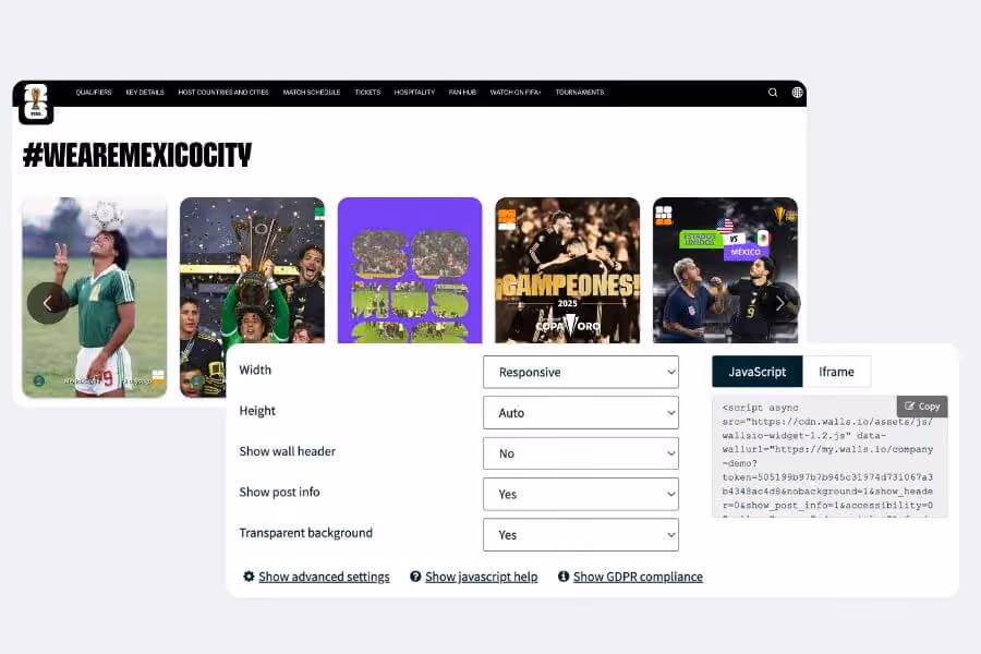 FIFA World Cup 26 Mexico City page with an embed configuration popup showing width, height, and display settings alongside a JavaScript embed code snippet.