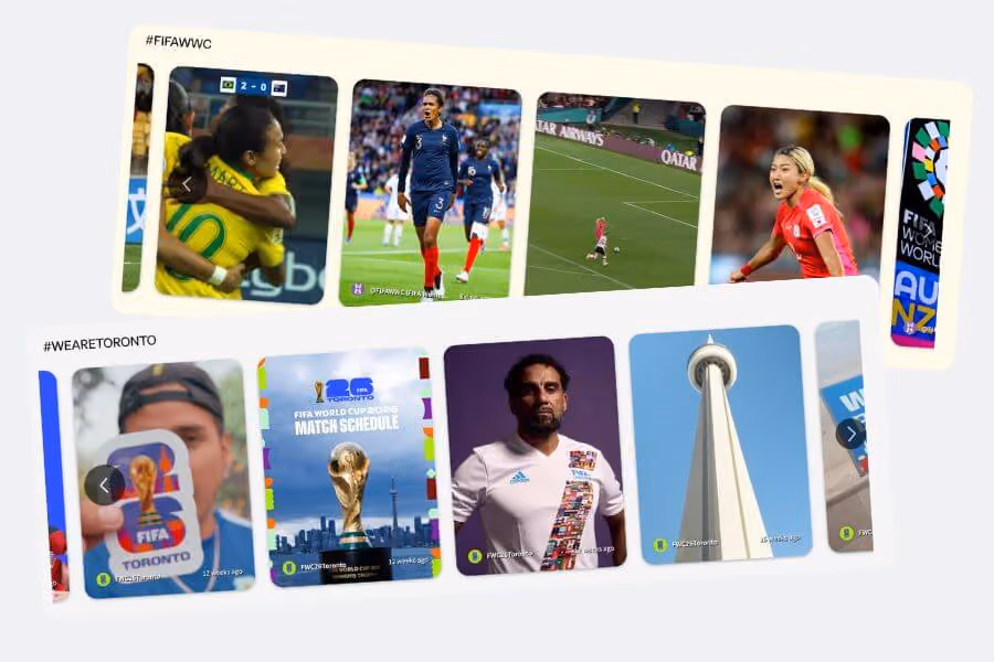 Two stacked Walls.io social walls showing #FIFAWWC posts from the Women's World Cup and #WeAreToronto posts about the FIFA World Cup 2026 host city.