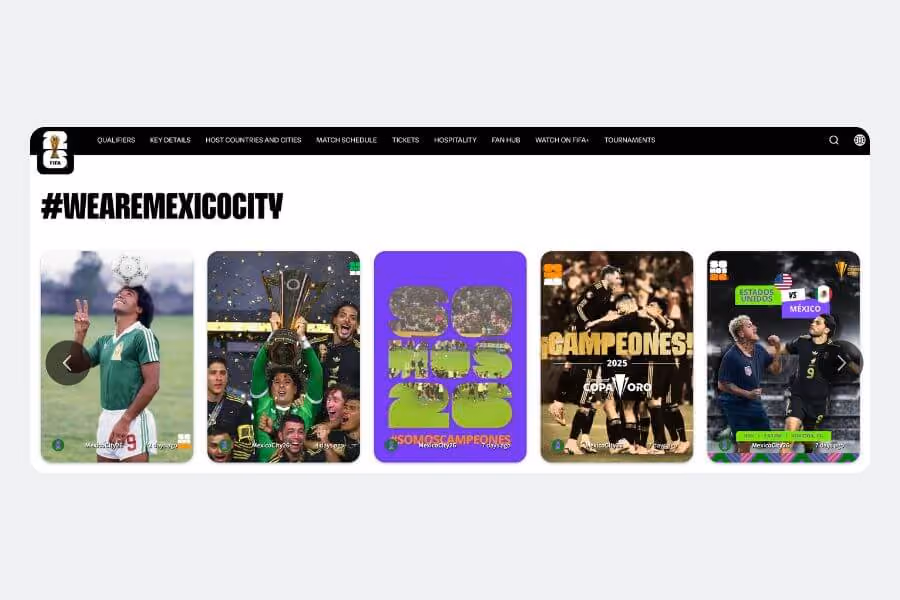 FIFA World Cup 26 host city page for Mexico City displaying a Walls.io social wall of #WeAreMexicoCity posts celebrating the national team.