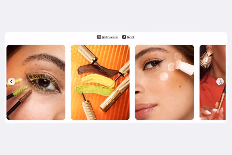 Beauty brand social wall displaying Instagram and TikTok content from @kikomilano showing makeup application close-ups.