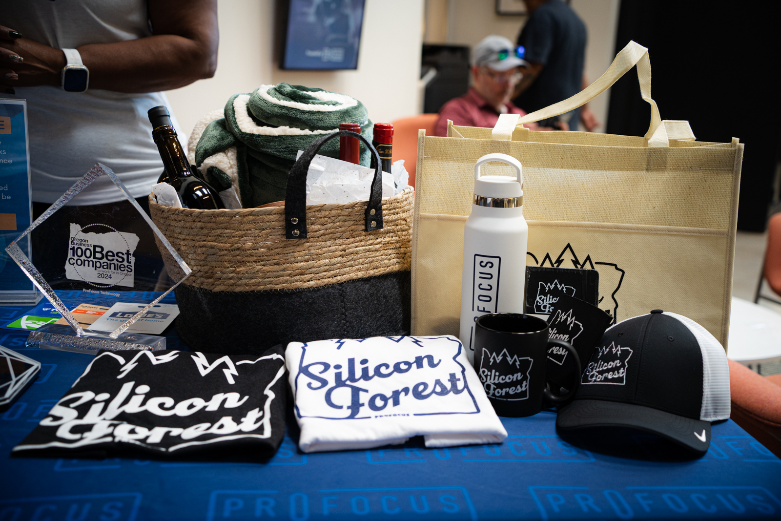 Silicon Forest shirts, mug, hat, and water bottle