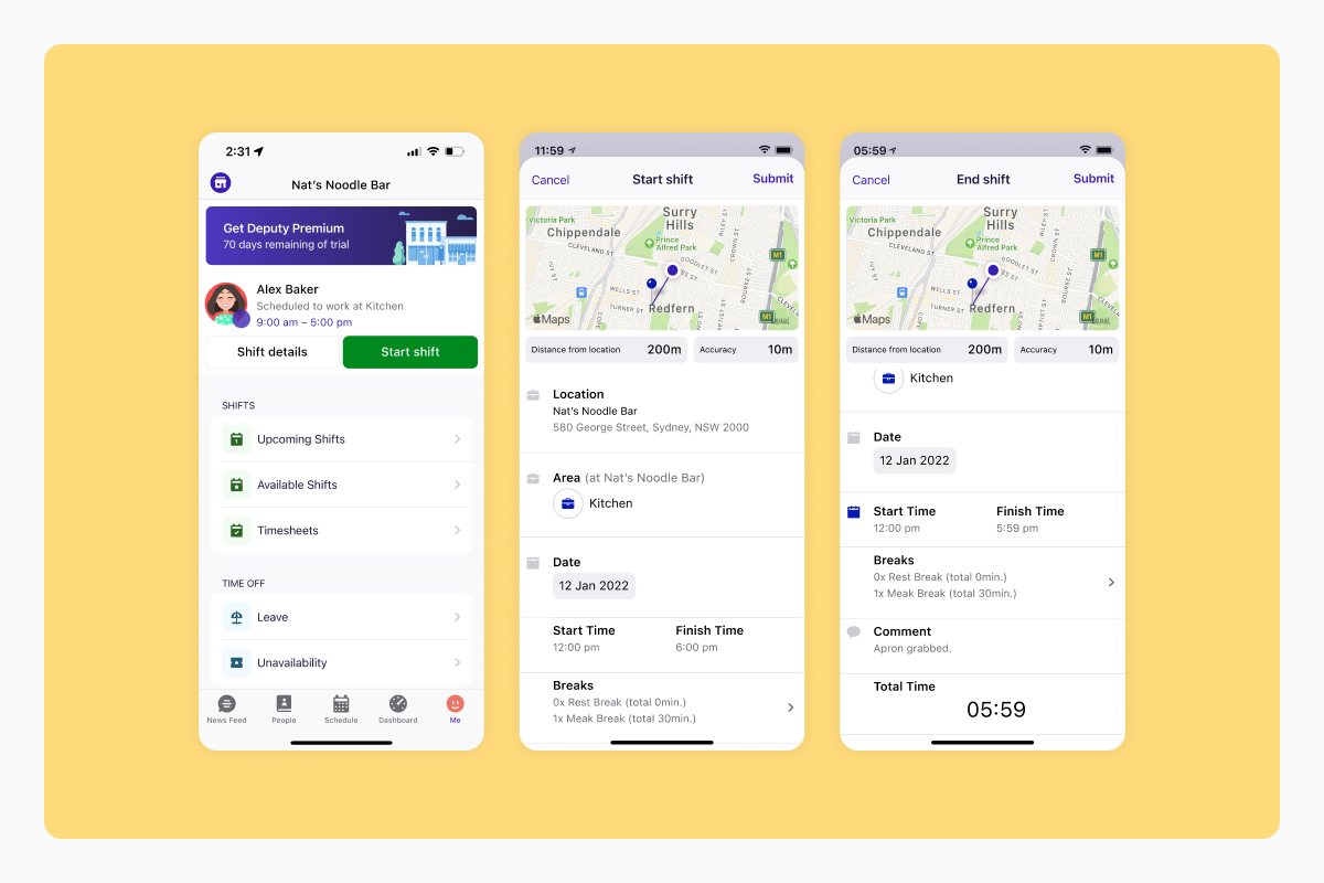 Screenshots of current Shift Details experience