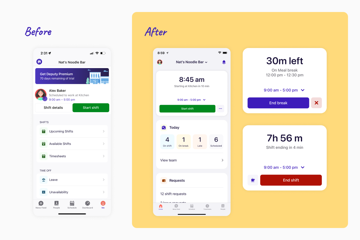 A before and after of Deputy's Home Screen