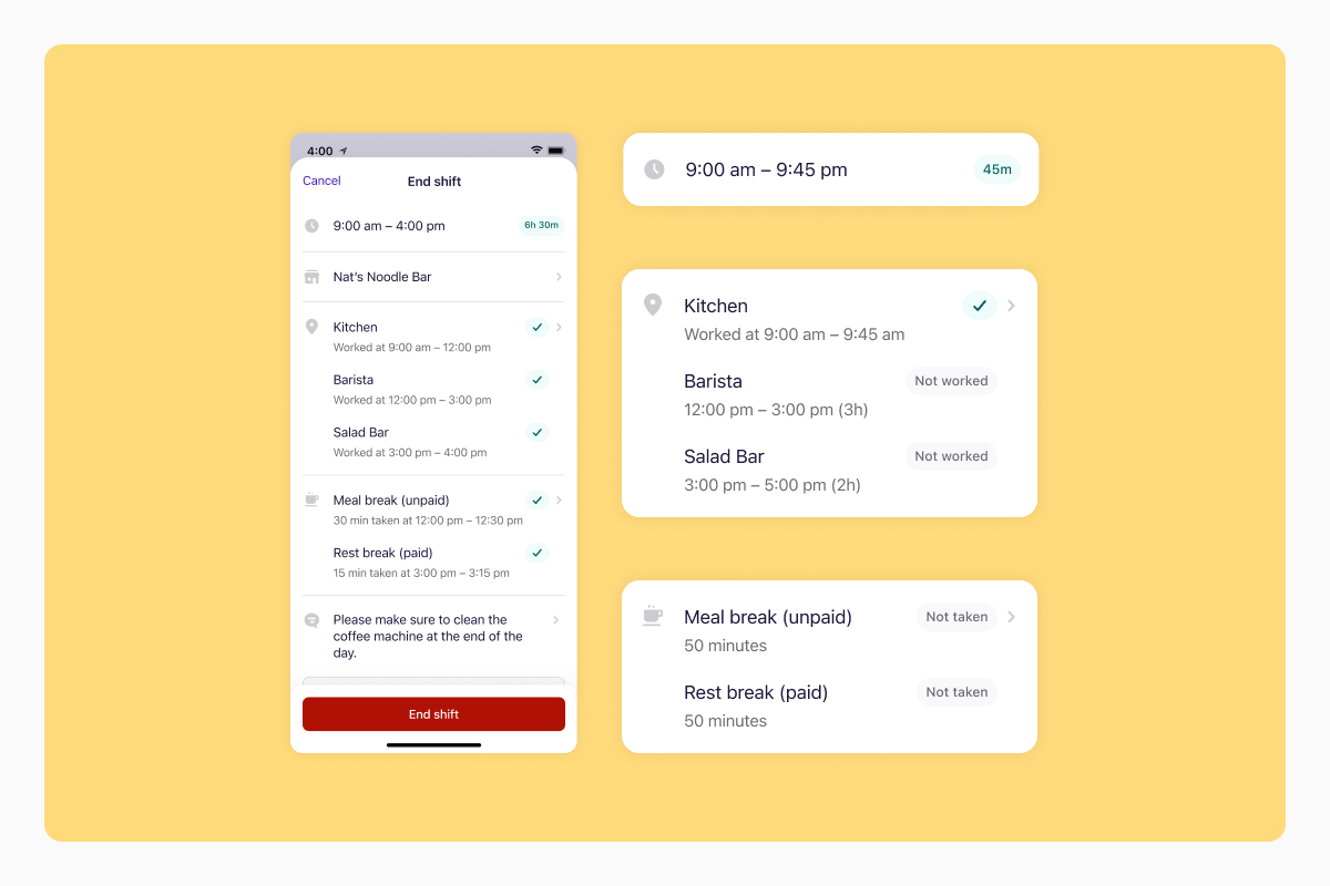Deputy's clock out screen with enhanced features including work areas