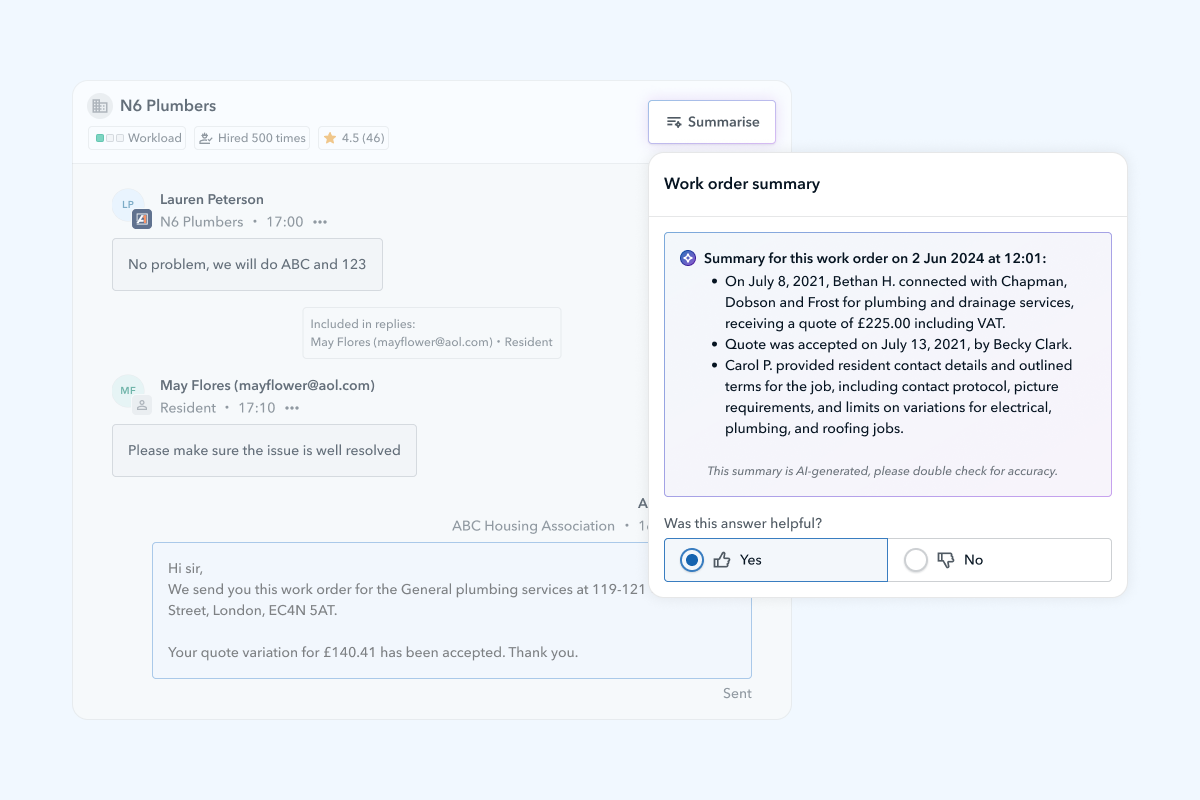 Example of AI work order summaries