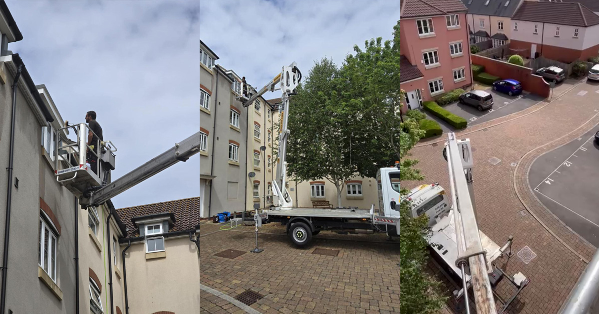 Photo collage of Window Genie cleaning windows on high buildings in Somerset.
