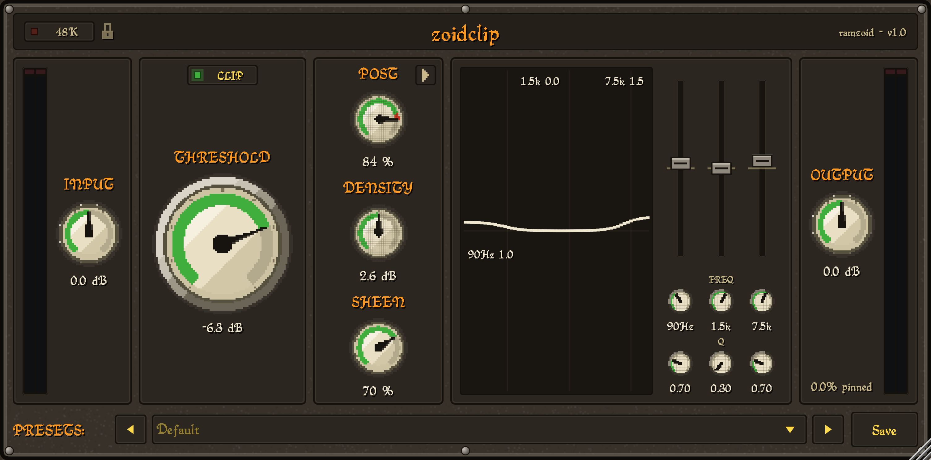 zoidclip plugin interface: input, threshold, post, density, sheen, master EQ and output