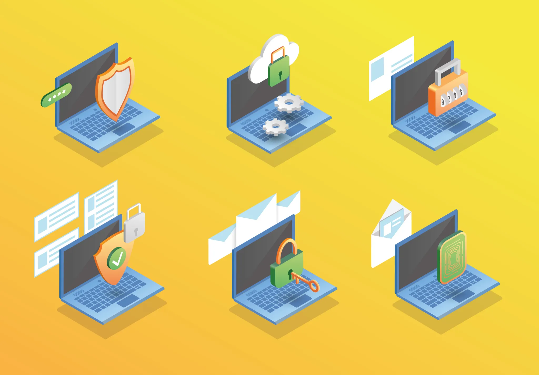 Six laptop illustrations will 3d representations of security icons. Including pad locks and shields.