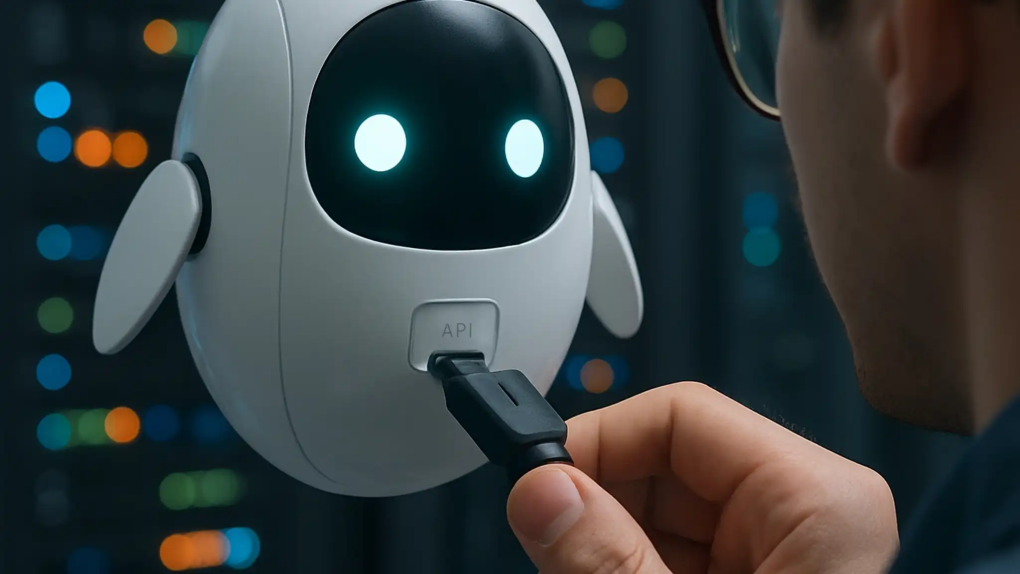 A person is plugging a cable into a futuristic-looking robot.