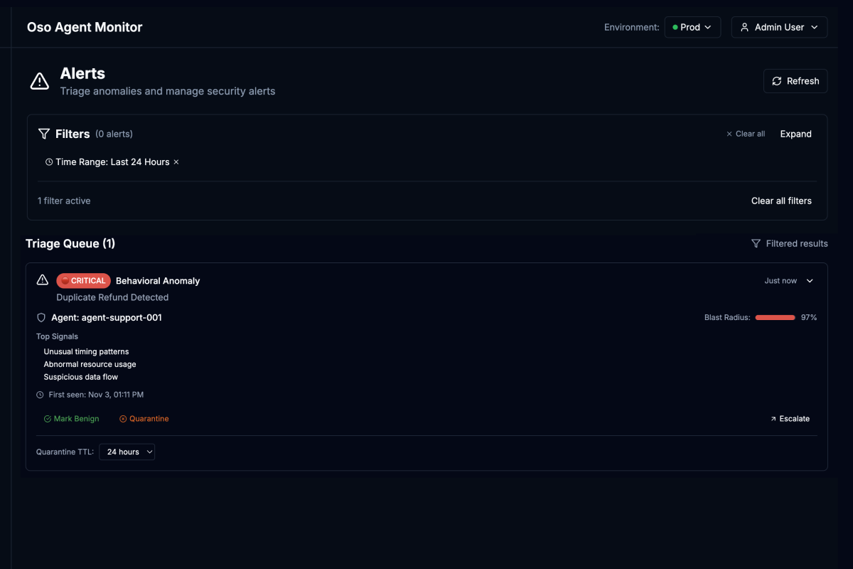 A screenshot of Oso's Agent Monitor Security Alerts tab  