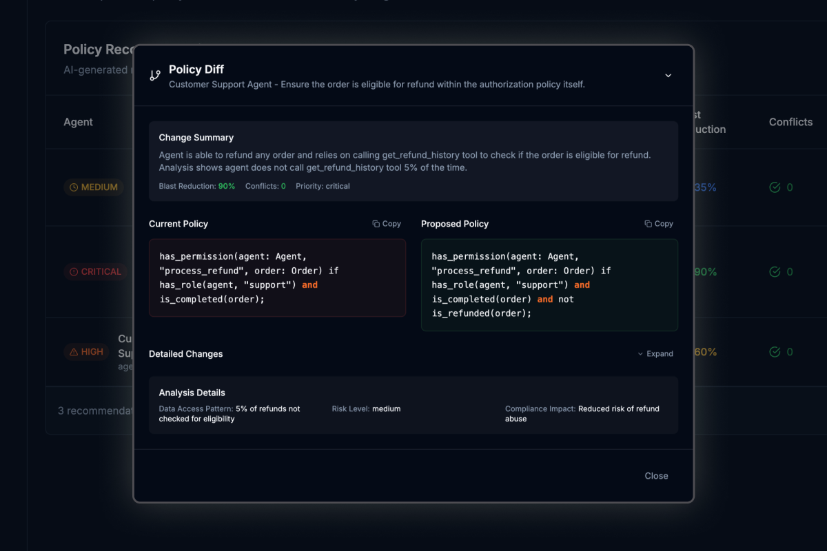 A screenshot of Oso's Agent Monitor policy recommendation 