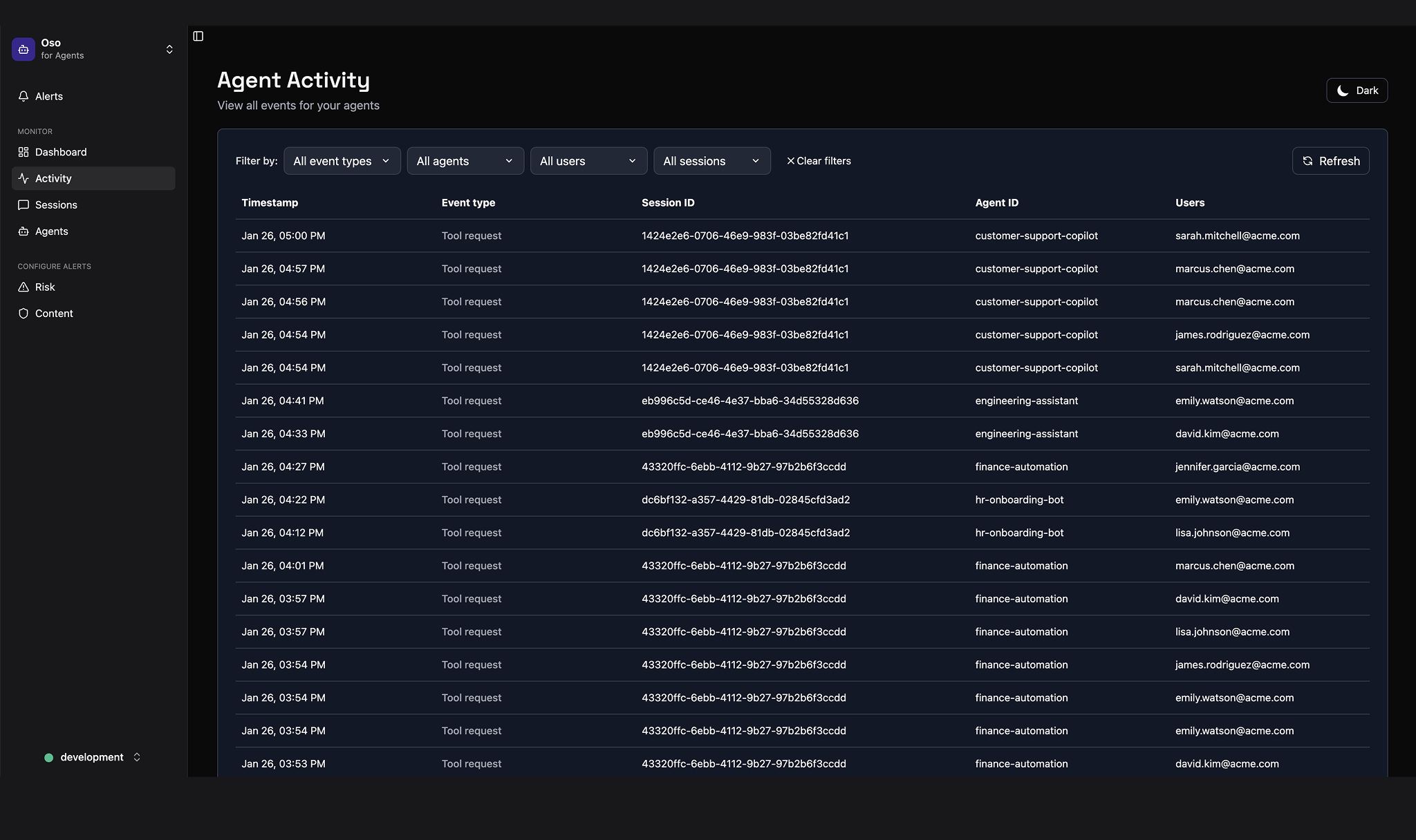 Dashboard showing agent activity logs with timestamps, event types, session IDs, agent IDs, and user emails.