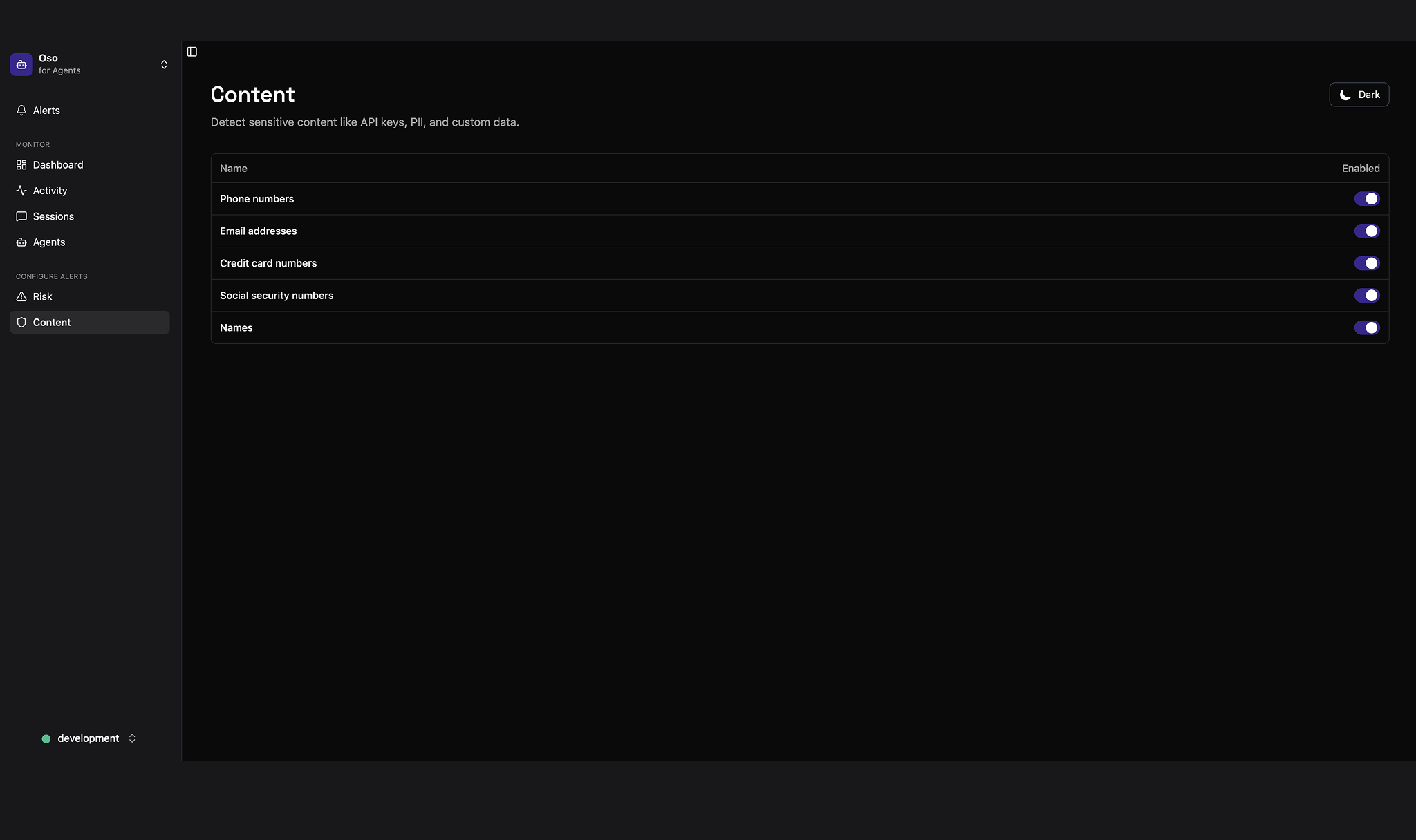Dashboard interface for Oso for Agents showing Content settings to detect sensitive data types like phone numbers, email addresses, credit card numbers, social security numbers, and names, all toggled on.