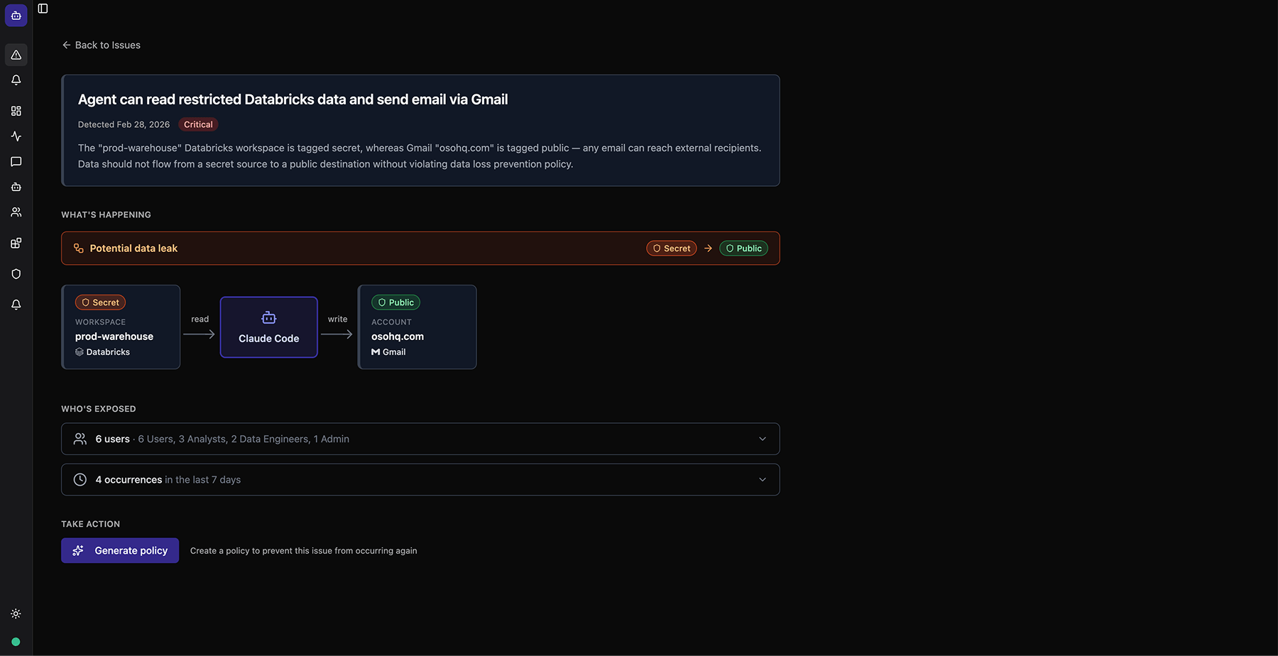 Dashboard showing agent activity logs with timestamps, event types, session IDs, agent IDs, and user emails.