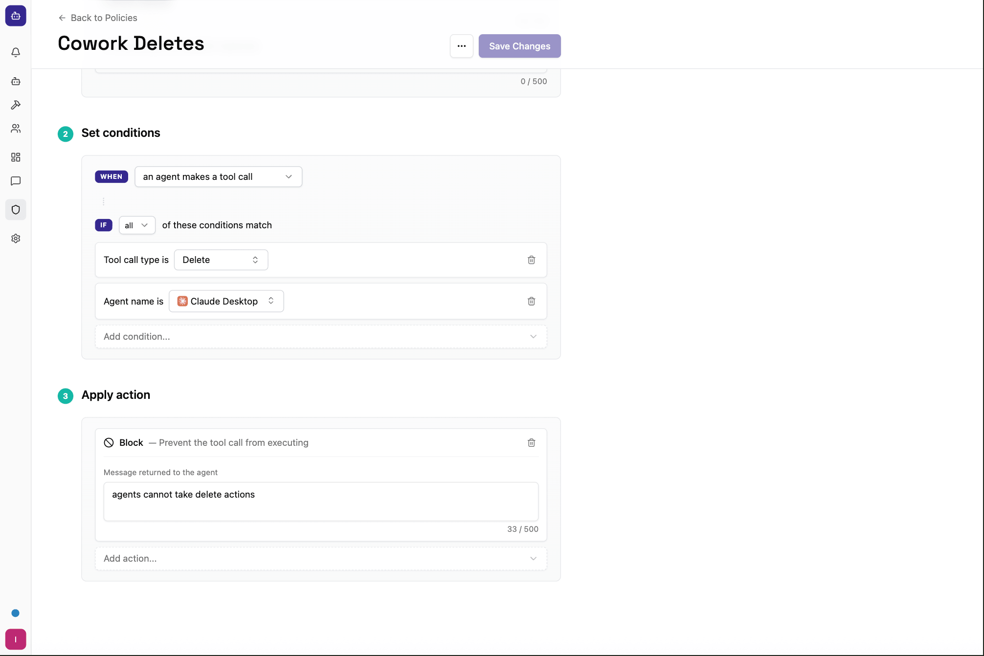 Oso for Agents interface showing form to create a new policy blocking deletions on sensitive systems with conditions on tools and actions.