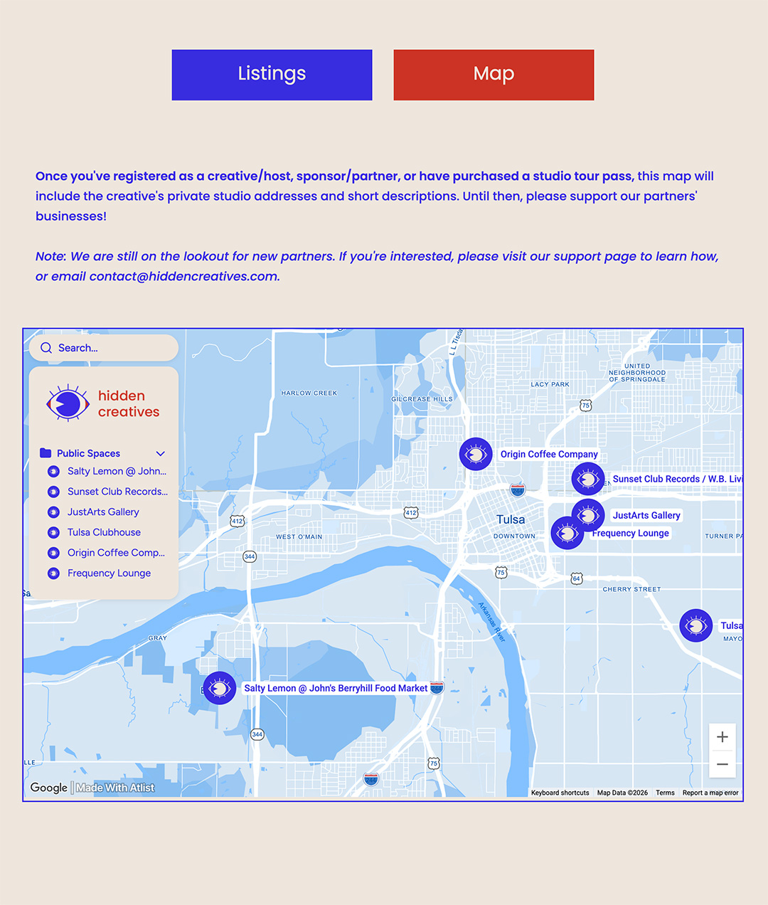 A Screenshot from the Hidden Creatives Website showcasing the interactive map with locations of each artist.