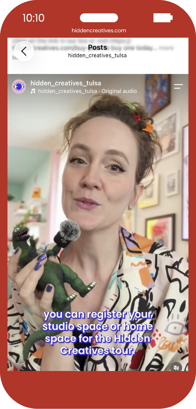 Image of a phone with a screenshot of an instagram post where Shayna opens the boundaries of the studio tour to all of Tulsa. Clicking on the image takes you to the instagram post.
