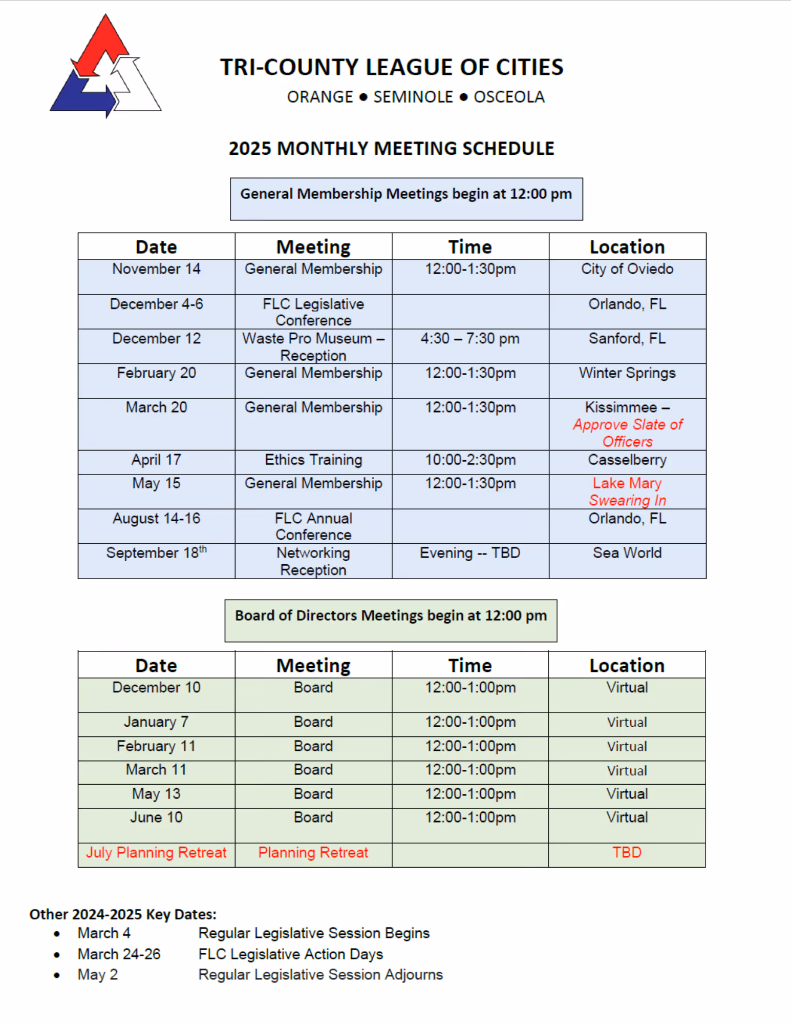 2025 Monthly Meeting Schedule