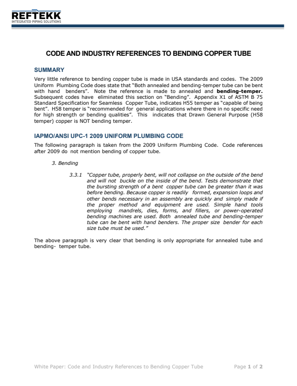 Code and Industry References to Bending Copper Tube