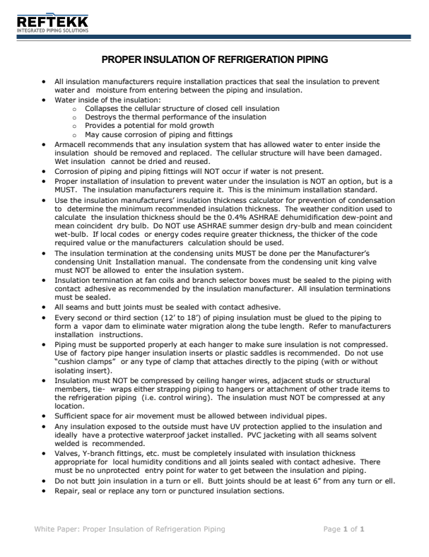 Proper Insulation of Refrigeration Piping