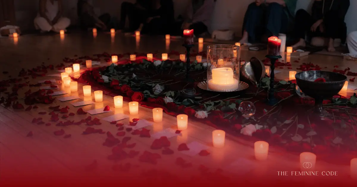 Women gathering in a sacred circle ceremony for priestess training and ancient wisdom remembrance.