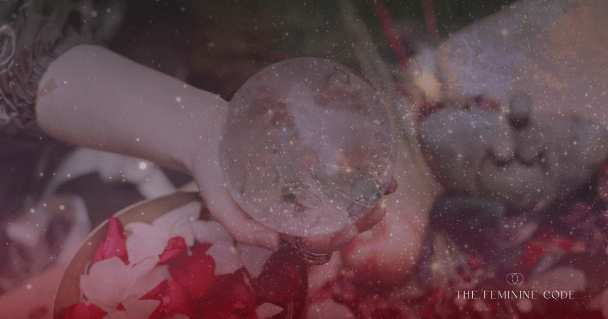 A priestess holding a crystal ball over an altar for divination during a Samhain ritual.