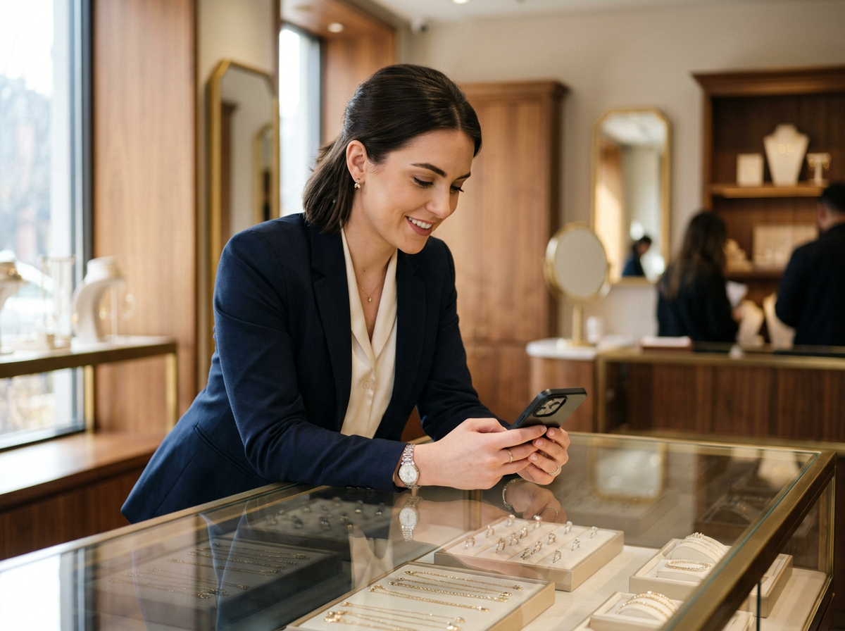Jewelry sales associate using her phone at a glass display case in a modern boutique jewelry store
