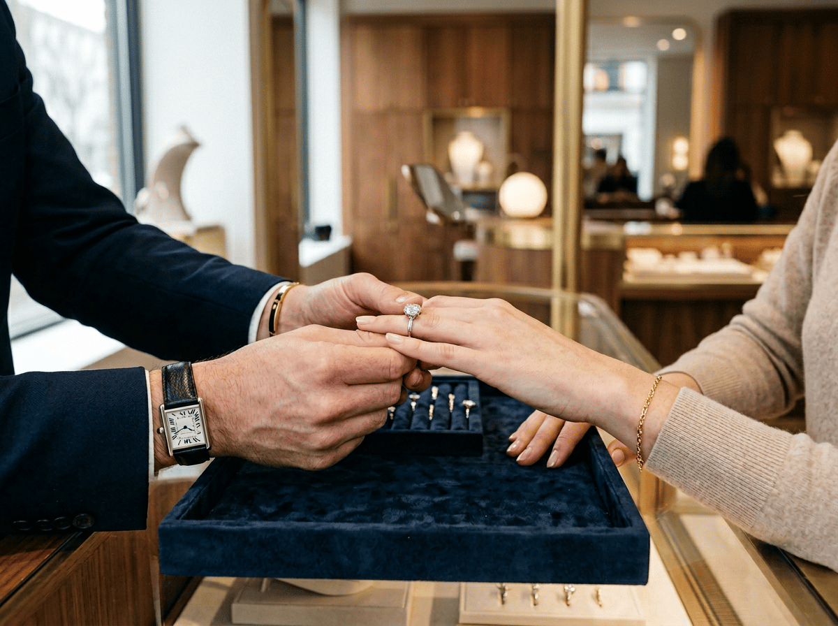 Jewelry store associate showing a diamond engagement ring to a customer over a glass display case