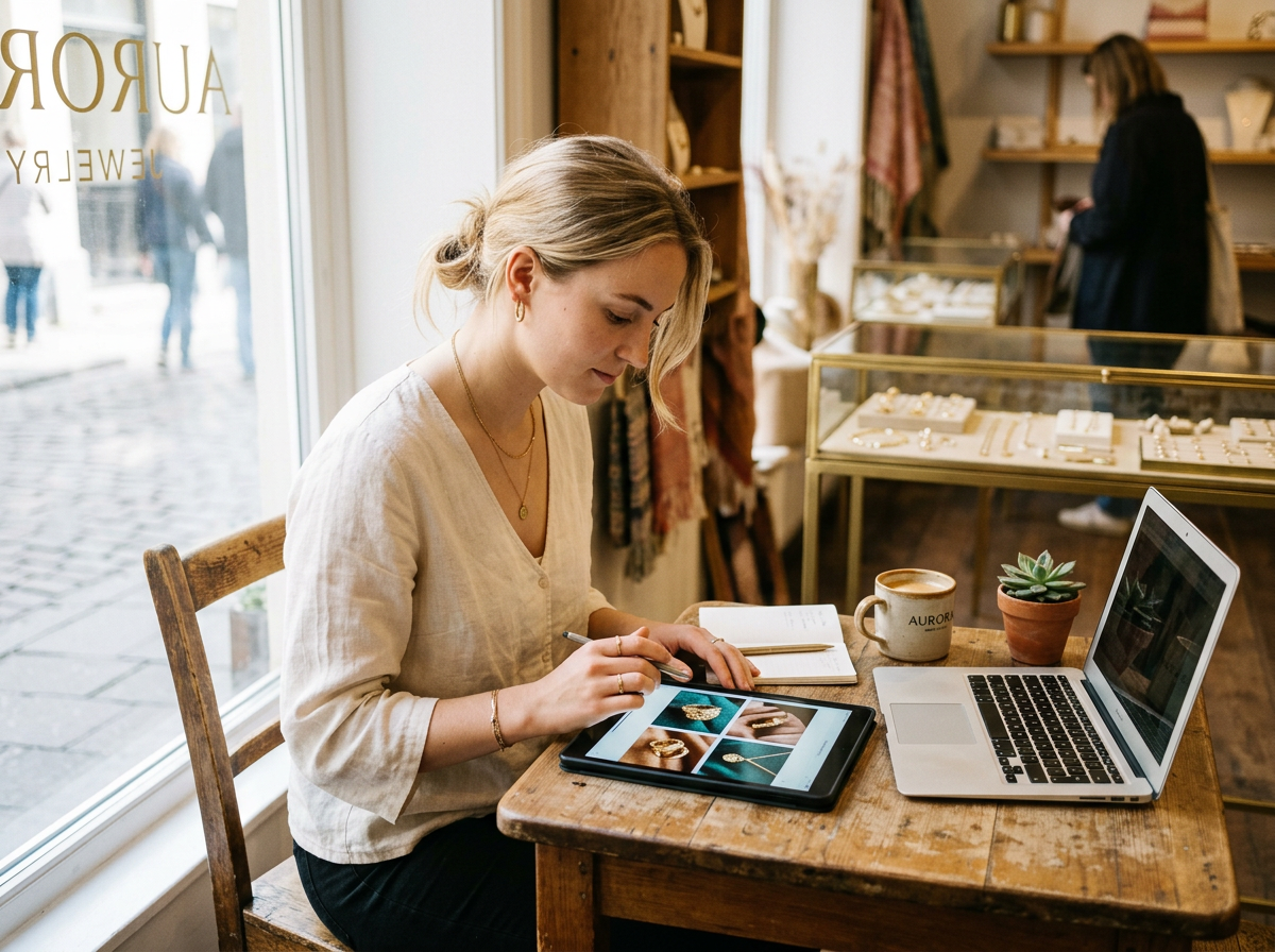Jewelry store associate viewing product photography on a tablet at a sunlit table