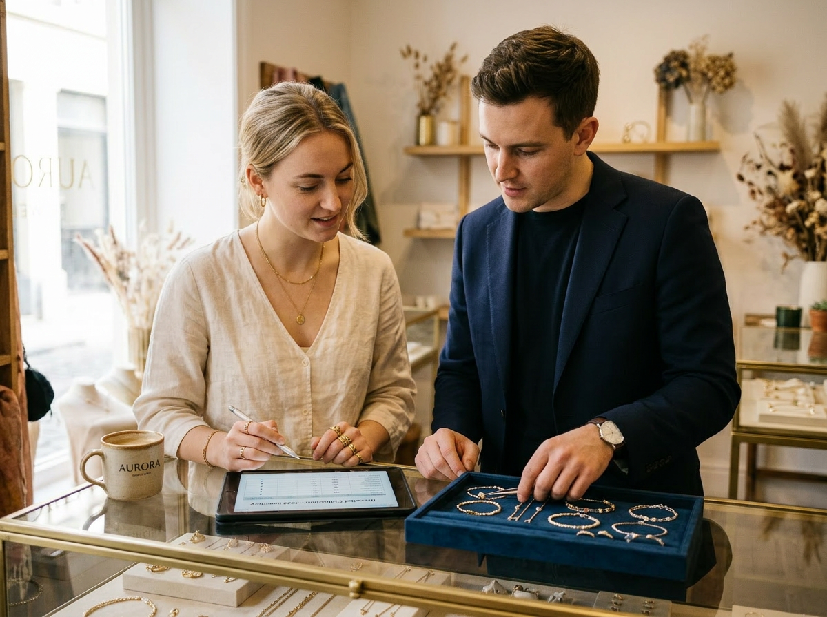Two jewelry store associates collaborating behind the counter, one with a tablet