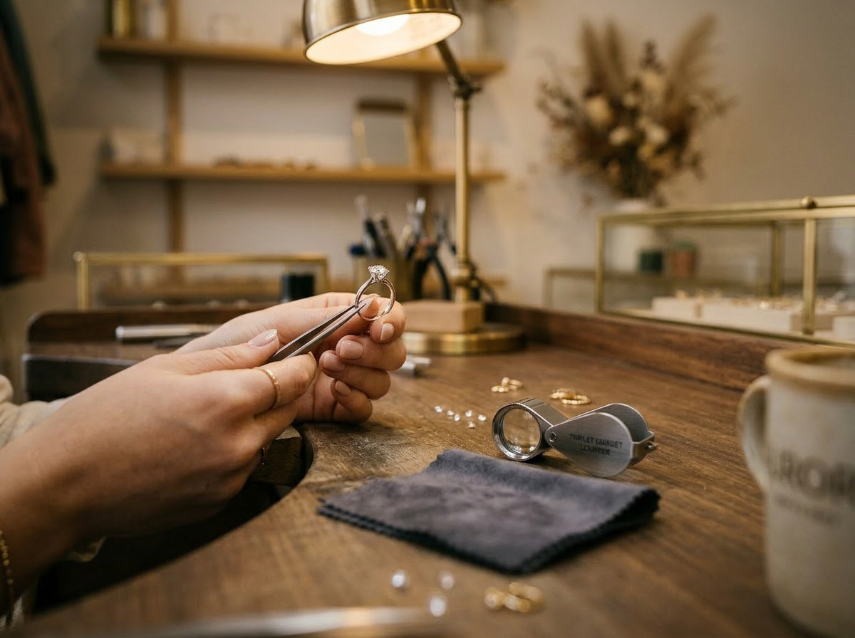Close-up of a jeweler's bench with a magnifying loupe and a diamond ring being examined