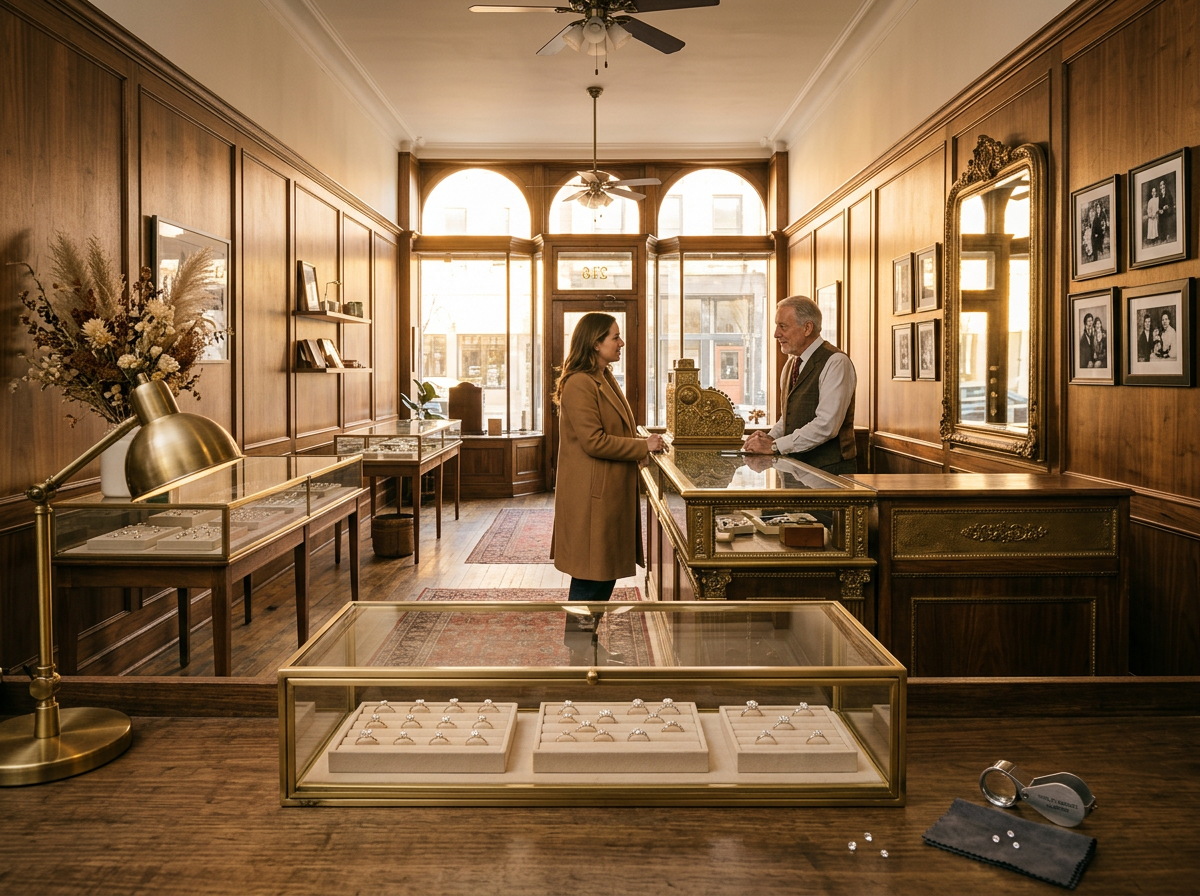 Classic family-owned jewelry store interior with an associate helping a customer at the counter