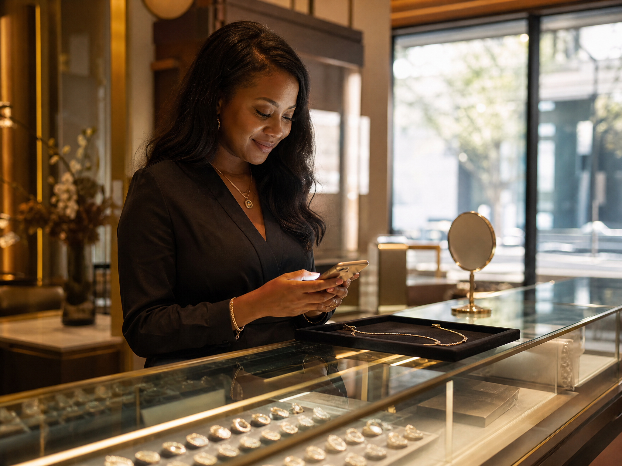 Jewelry store associate texting a client at the counter in warm afternoon light beside a velvet tray